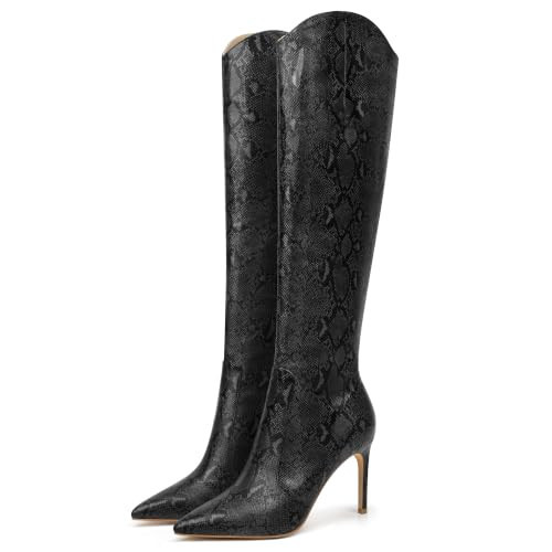 JANSEVEN Snakeskin Knee High Boots for Women Snake Skin Tall Boot with Stiletto High Heel Black Python Print Pointed Toe Fashion Boots Side Zipper Size 11.5 | Amazon (US)