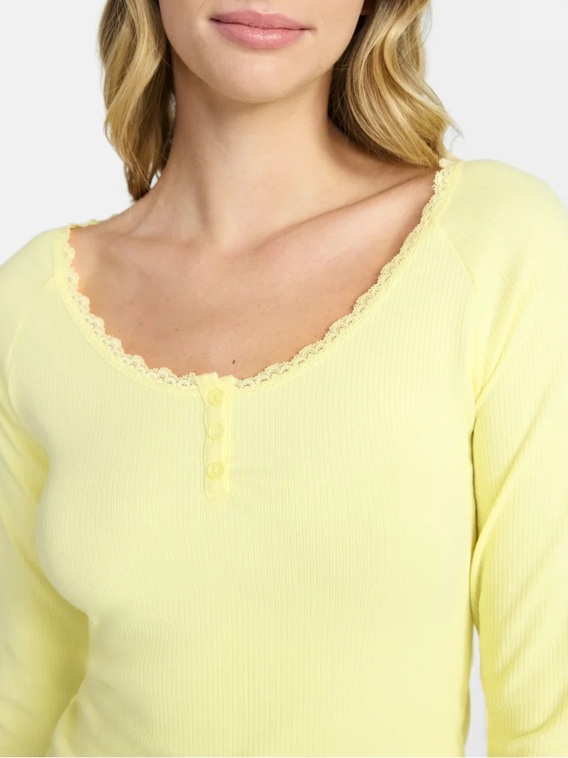 No Boundaries Long Sleeve Henley Top with Lace Trim, Women's XXS-XXL | Walmart (US)
