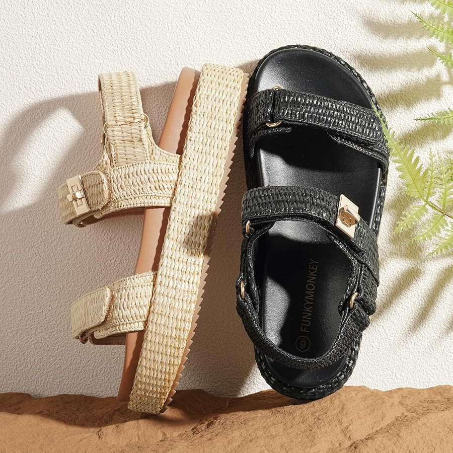 Amazon.com | FUNKYMONKEY Women's Low Wedge Platform Sandals Open Toe Adjustable Double Strap Beac... | Amazon (US)