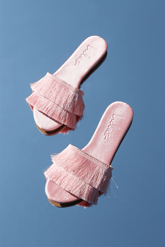 Maelie Pink Satin Fringe Slide Sandals | Lulus (US)