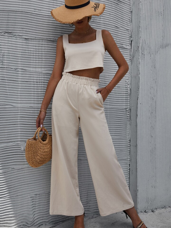 Square Neck Tank Top & Paperbag Waist Wide Leg Pants | SHEIN
