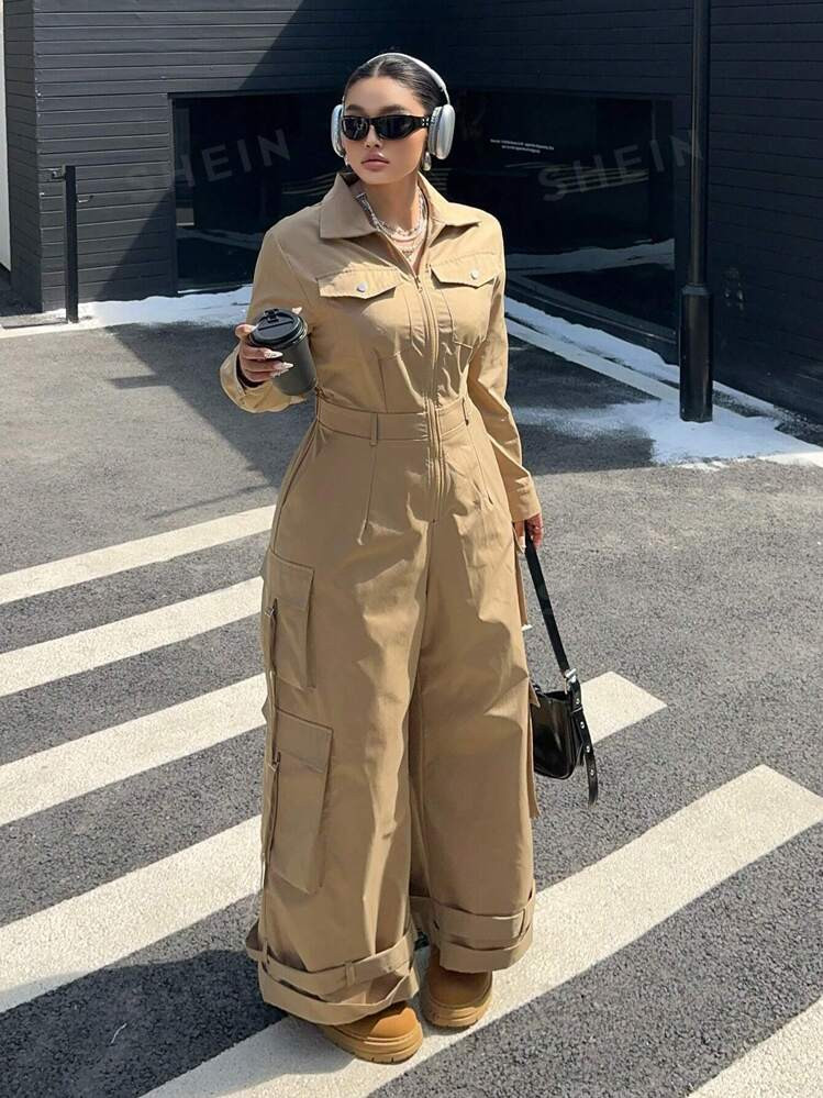 SHEIN POPSWAY Plus Size Women Casual Cargo Style Long Sleeve Jumpsuit, Straight Leg, Khaki Color,... | SHEIN