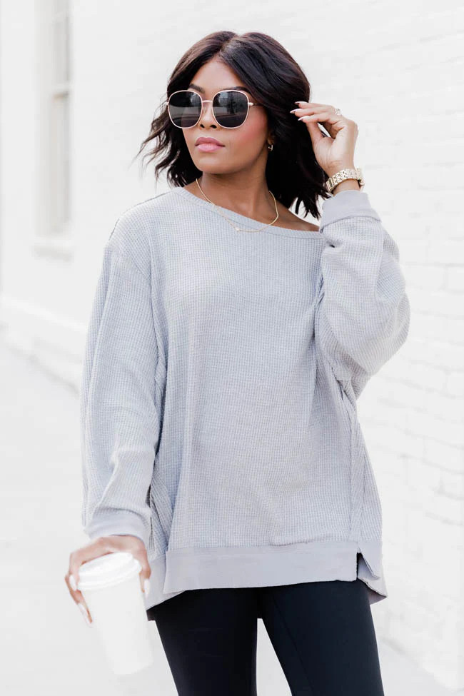 Give In To You Charcoal Boatneck Waffle Knit Oversized Pullover | Pink Lily