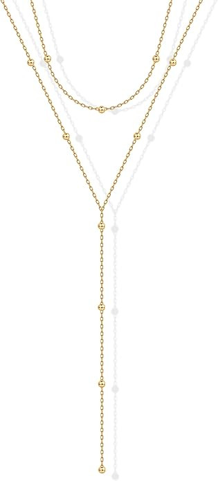 PAVOI 14K Gold Plated Drop Lariat Chain for Women - Gold Cubic Zirconia Long Necklace - Station S... | Amazon (US)