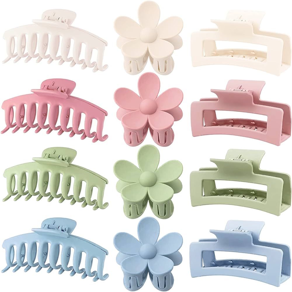 12 Pack Large Hair Claw Clips Flower Hair Clips Big Claw Clips for Thick Hair, Big Hair Clips Squ... | Amazon (US)