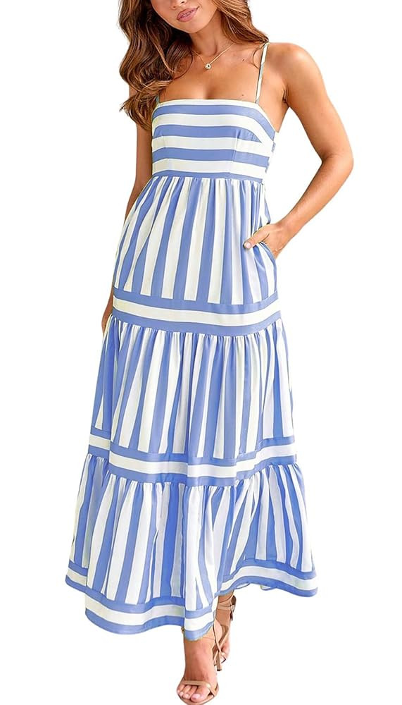 chouyatou Women Spaghetti Strap Back Smocked Maxi Striped Dress Summer Casual Floral Flowy Beach ... | Amazon (US)