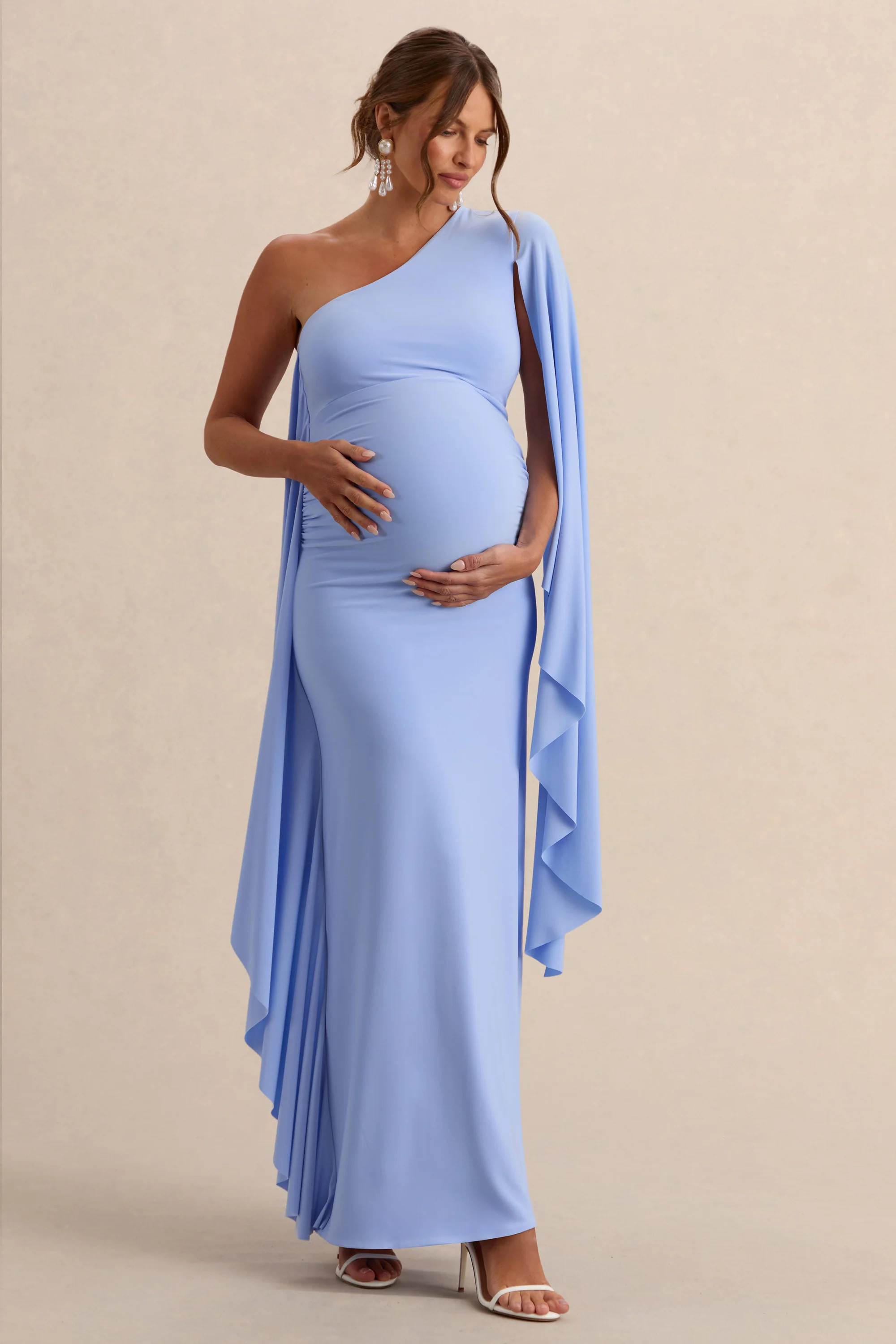 Shanae | Light Blue Asymmetric-Neck Maternity Maxi Dress With Cape Sleeve And Gathered Detailing | Club L London