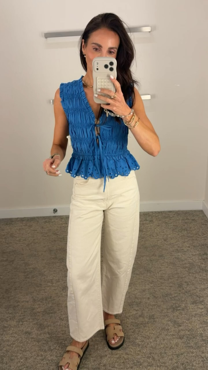 this top is such a standout. the smocking is so flattering and the little peplum detail makes it feel extra feminine. paired with white denim it’s the easiest elevated summer look

blue top, smocked top, peplum top, summer outfit, white jeans outfit, casual chic, feminine style, date night outfit, vacation outfit, annabrstyle 

#LTKOver40 #LTKootd #LTKSeasonal