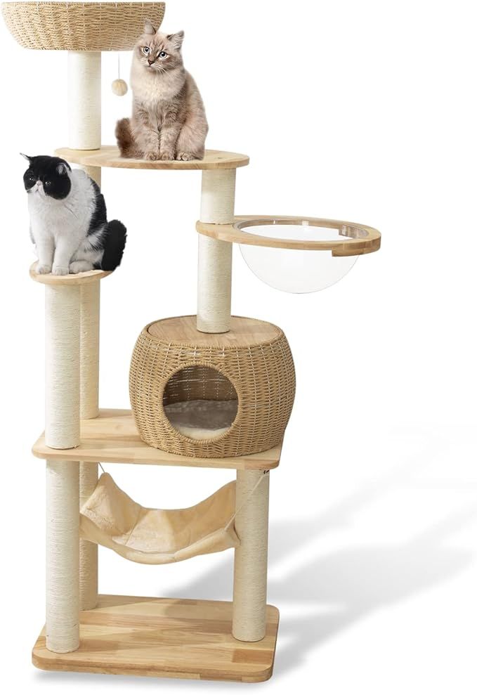 59" Big Modern Cat Tree Tower, Cat Tower Sisal-Covered Scratching Posts for Indoor Cats, Oak Wood... | Amazon (US)