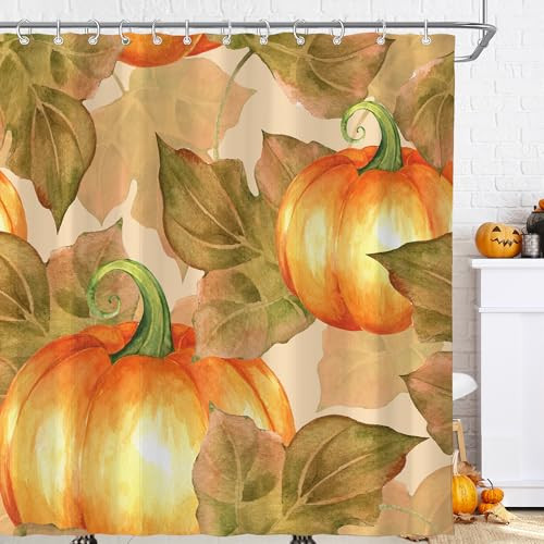 Visioun Fall Pumpkin Harvest Autumn Leaves Shower Curtain for Bathroom 72W*72H Inch Farmhouse Vintage Farm Thanksgiving Day Halloween Bathtub Decor Waterproof Polyester Fabric Set with 12 Hooks | Amazon (US)