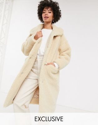 Monki midi teddy coat in off white | ASOS US