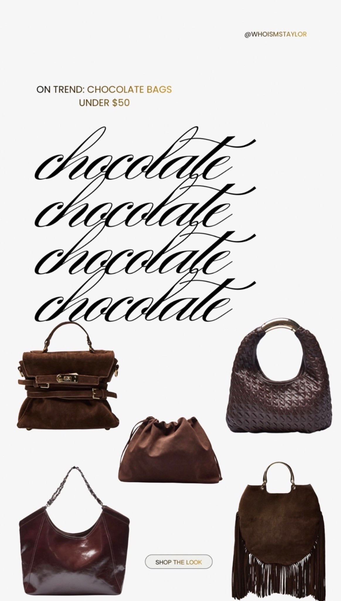 On Trend! Chocolate Handbags under $50!
#ltkunder50 #springtrends #springfinds #purses #handbags

#LTKgrwm #LTKootd #LTKSaleAlert