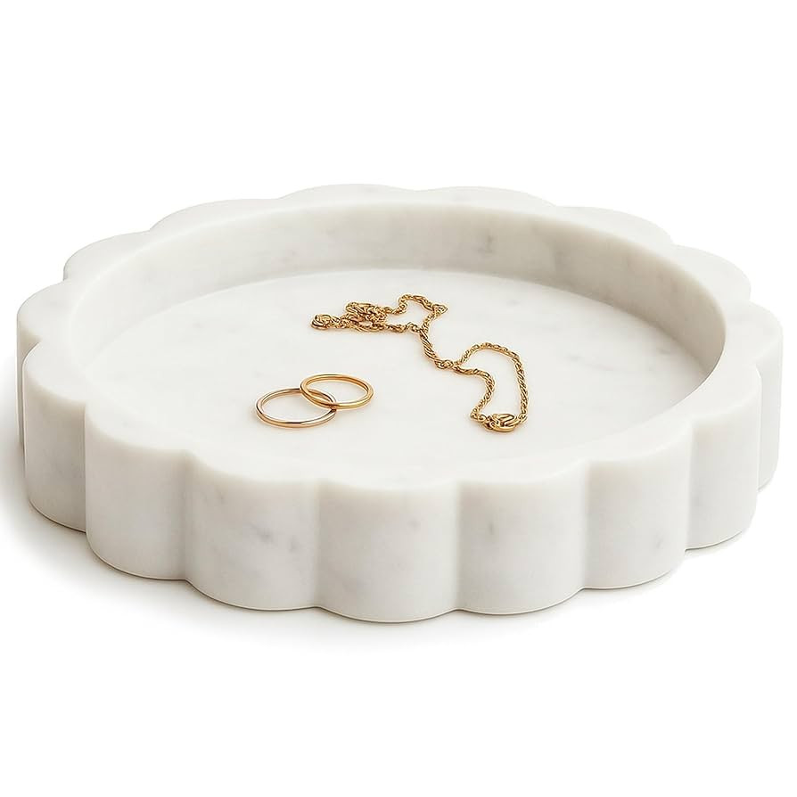 White Scalloped Marble Tray - 8" Round Stone Vanity Tray for Perfume & Jewelry, Marble Dish for B... | Amazon (US)