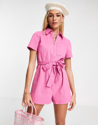ASOS DESIGN zip front twill playsuit in pink | ASOS | ASOS (Global)
