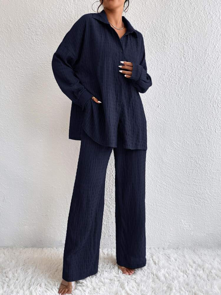 Solid Drop Shoulder Shirt & Wide Leg Pants | SHEIN