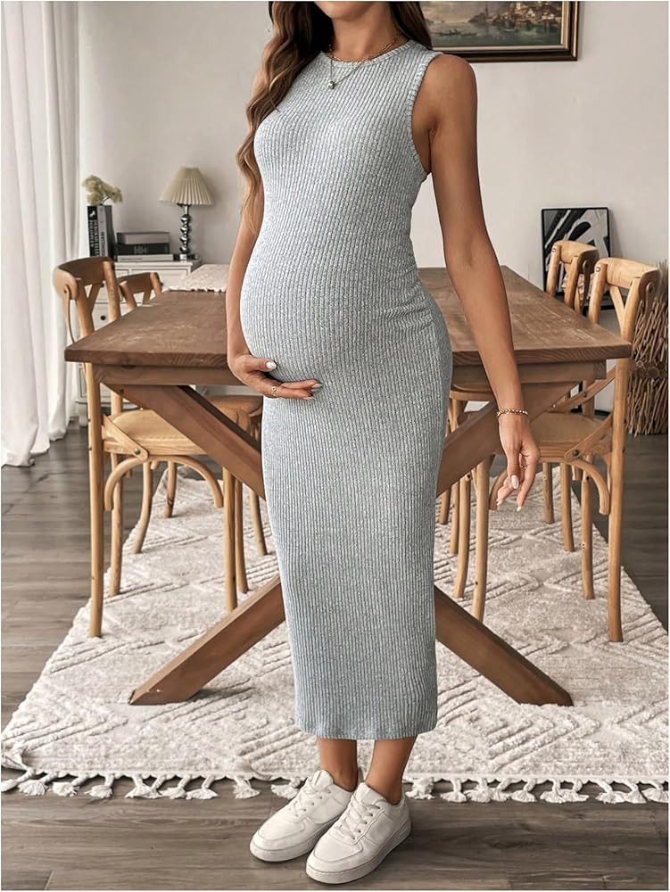 MakeMeChic Women's Maternity Dress Summer Sleeveless Crew Neck Tank Maxi Dress Casual Bodycon Sun... | Amazon (US)
