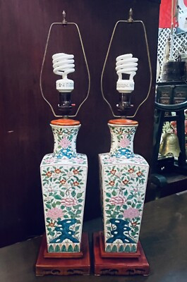 PAIR of 1940s Chinese / Asian Floral Chinoiserie Porcelain 28” Table Lamps | eBay US