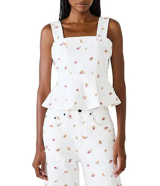 Fiorella Floral Embroidered Pearl Embellished Square Neck Sleeveless Peplum Denim Coordinating To... | Dillard's