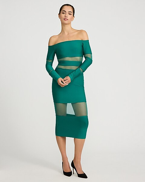 Mesh Pieced Off The Shoulder Midi Dress | Express