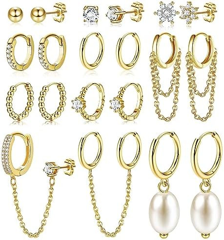 HAIAISO Small 14K Gold Plated Huggie Hoop Earrings for Women Lightweight Double Piercing Chain Ea... | Amazon (US)