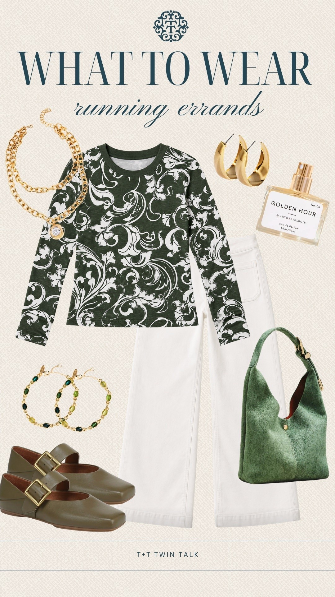 What to wear from T+T! We’re pairing this Anthropologie top and white jeans with green accessories and neutral buckled shoes for a casual day of running errands. The mix of green, white, and gold makes this a cute outfit to throw on and go.

#LTKSeasonal #LTKOver40 #LTKMidsize