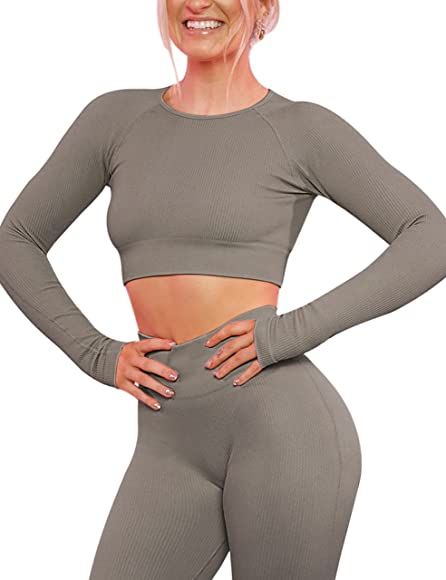 VALANDY Women's Workout Set 2 Piece Gym Seamless Leggings Ribbed Crop Top Active Wear Outfits | Amazon (CA)