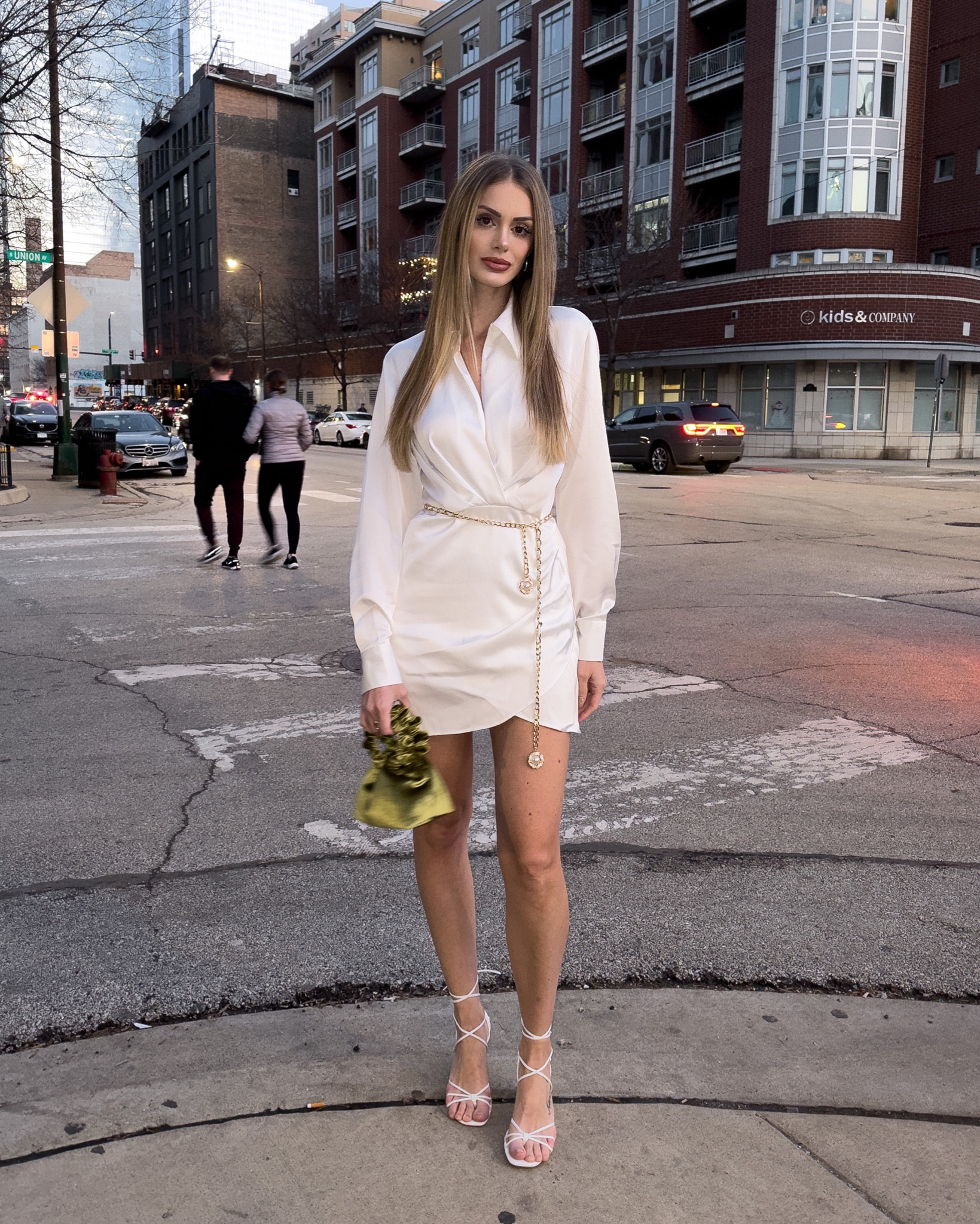 Night out, satin dress, white dress, pearl belt, white sandals, low heels, green bag, spring outfit 

#LTKstyletip #LTKunder50 #LTKfit