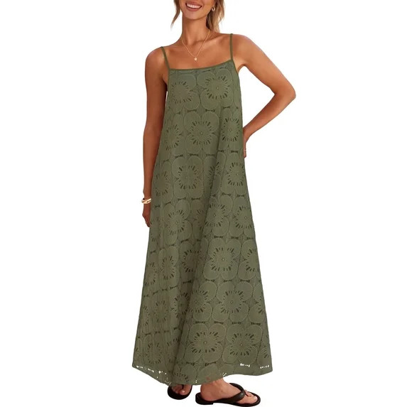 Merokeety Womens Summer Spaghetti Maxi Dress Sleeveless Floral Lace Eyelet Beach Sundress Army l | Walmart (US)