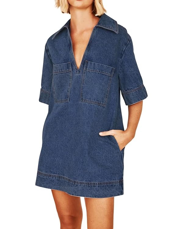 Women Blue Denim Dress Summer Deep V Half Sleeve Casual Loose Collared Shift Mini Jean Dress with... | Amazon (US)