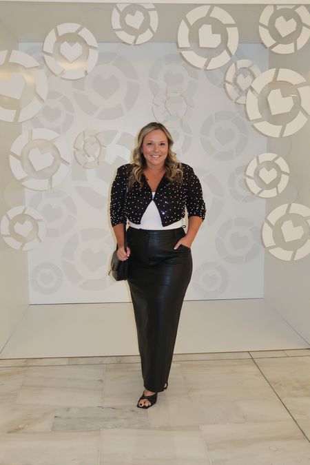 LTKCon day 2 look! Leather skirt size large 
Sequin pearl crop jacket size large has shoulder pads 
Use code SHELLI20 for 20% off site wide Petal & Pup
Bodysuit is old! 
Shoes run tts 
Date night outfit 
Fall style 

#LTKover40 #LTKCon #LTKmidsize