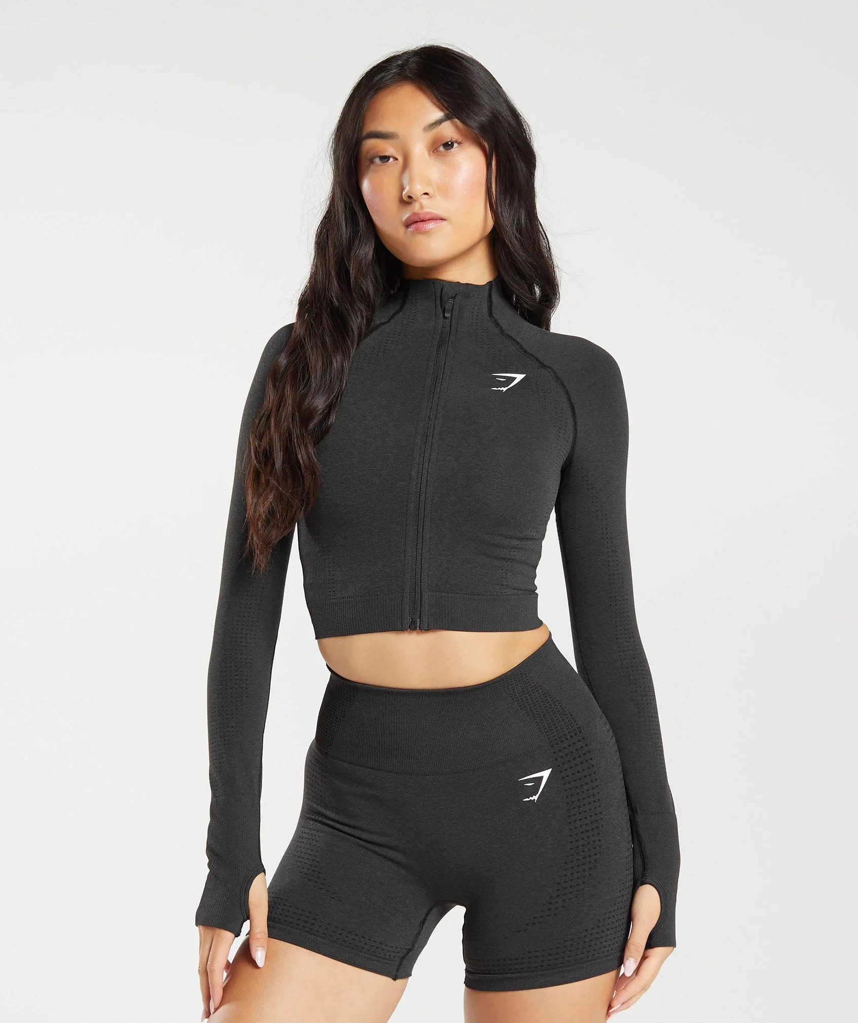 Gymshark Vital Seamless 2.0 Midi Zip Up Jacket - Black Marl | Gymshark UK