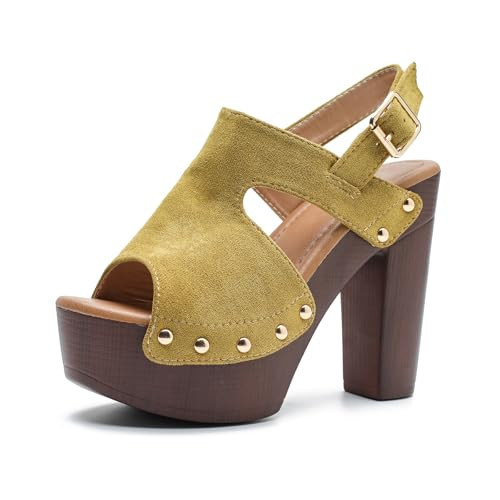 LOEHGMSGE Women'S Suede Chunky Heel Platform Sandals with Elegant Peep Toe Adjust Ankle Strap Fish MouthOpen Toe Non Slip Slingback Block High Heeled Sandals For Party Prom (Yellow,8.5) | Amazon (US)