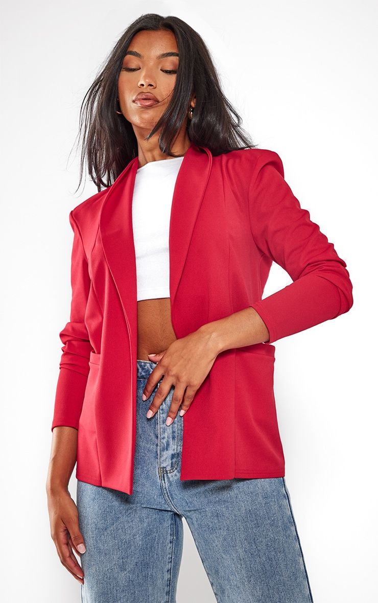Red Basic Ruched Sleeve Blazer | PrettyLittleThing US