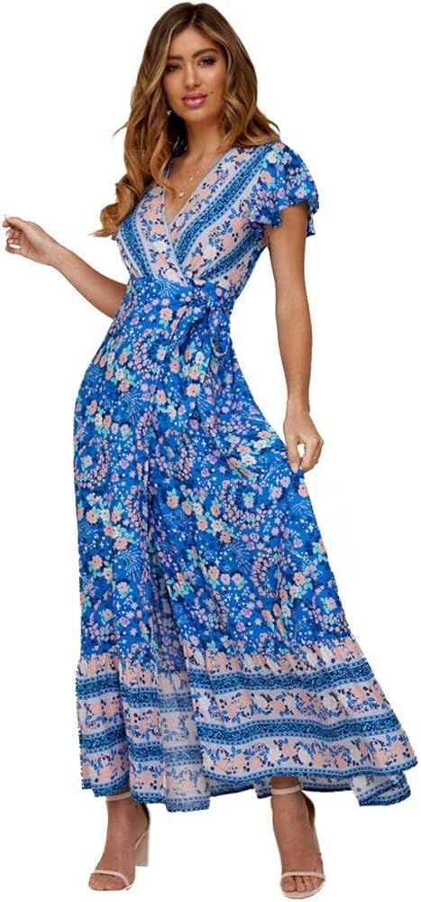 Women's Casual Long Loose Print Dress V Neck Short Sleeve Split Maxi Dresses | Amazon (US)
