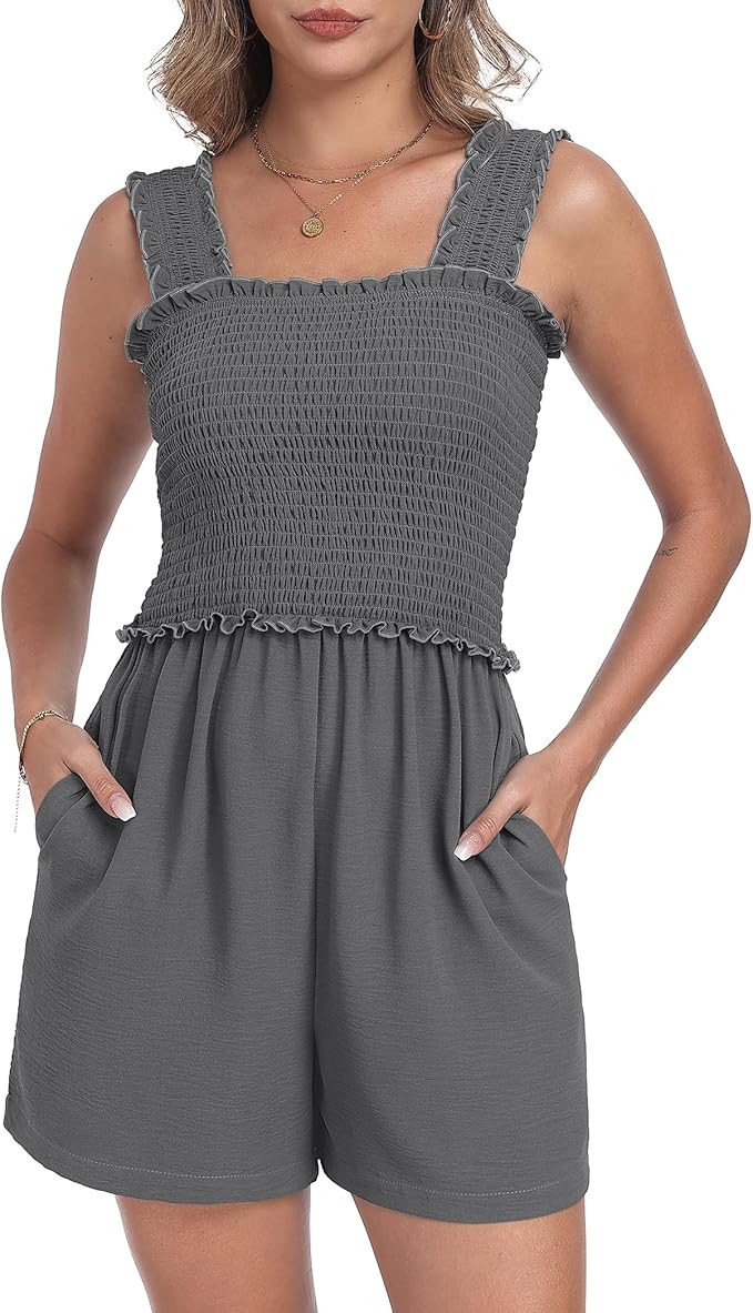 QIXING Women's Summer Casual Rompers Dressy Smocked Loose Comfy Short Jumpsuits Vacation Outfits ... | Amazon (US)