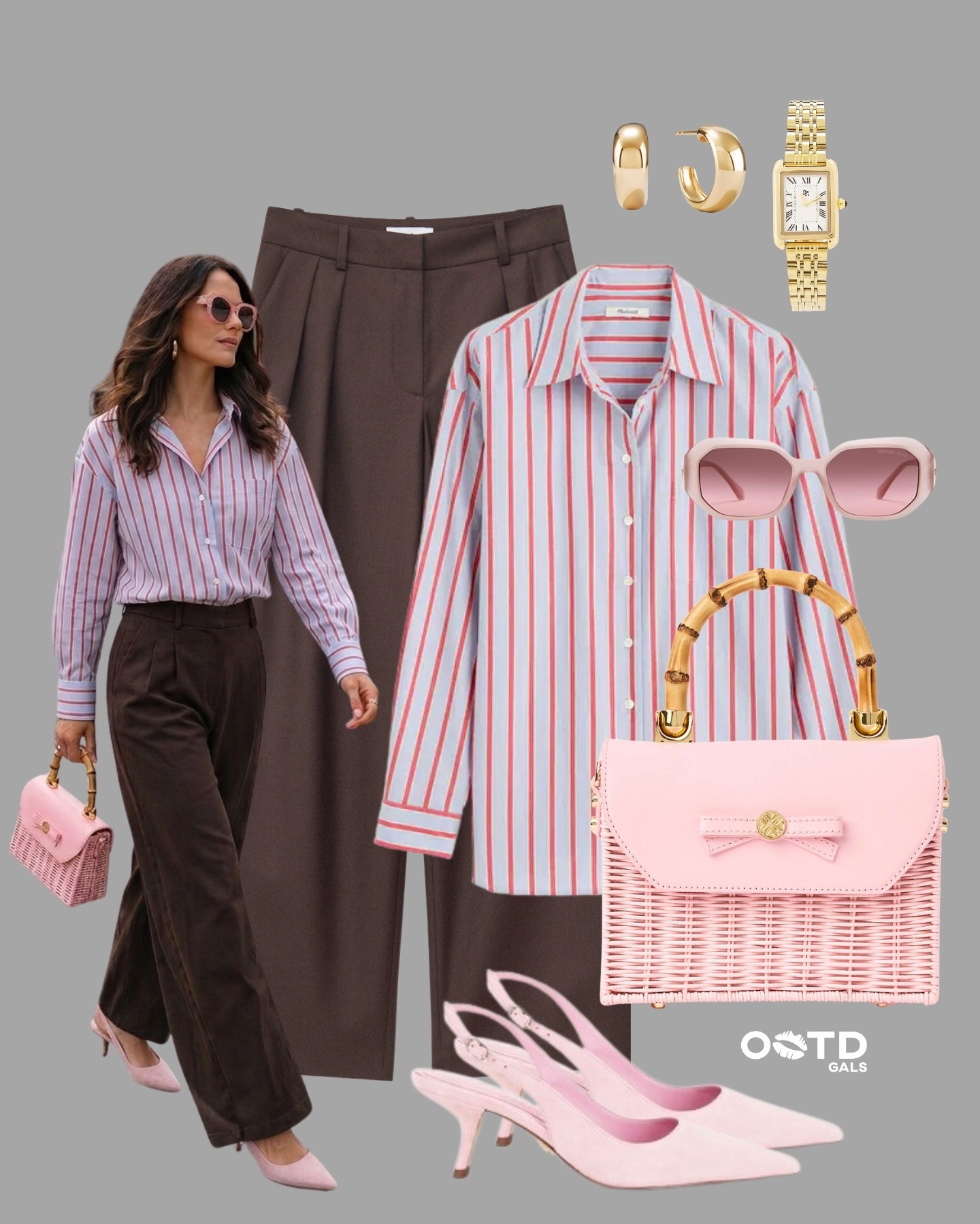 Soft Contrast, Strong Style 💗🤎

This look is the perfect balance of feminine and tailored. The crisp striped shirt adds structure, while soft pink accessories bring a fresh, elevated touch to the rich brown base.

It’s giving polished, confident, and effortlessly chic without trying too hard.

✨ Style Details:
• Red/pink striped shirt for a classic yet playful vibe  
• High-waisted brown tailored trousers for a sleek silhouette  
• Pink slingback heels for a soft, feminine finish  
• Statement pink top-handle bag for a standout moment  
• Pink sunglasses for a coordinated, chic detail  
• Gold hoops + watch for timeless elegance  

Where soft meets structured… and it just works 🤍

#LTKStyle #LTKWorkwear #LTKChic

#LTKSeasonal #LTKgrwm #LTKootd