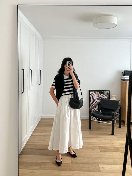 Adore this elegant feminine ladylike outfit. Tee is size S (10% off with JAMIE10), skirt is size XS/S, knit is size S, shoes are old Dior

#LTKeurope #LTKaustralia #LTKSeasonal