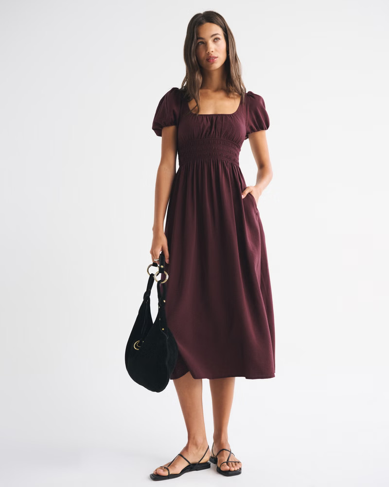 Women's Puff Sleeve Smocked Waist Midi Dress | Women's Dresses & Jumpsuits | Abercrombie.com | Abercrombie & Fitch (US)