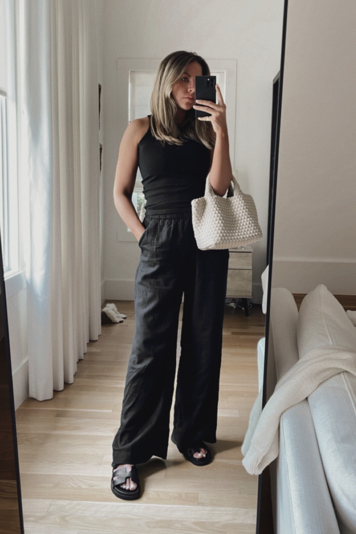 Summer outfit / amazon tank / Nordstrom linen pant / designer dupe sandals 