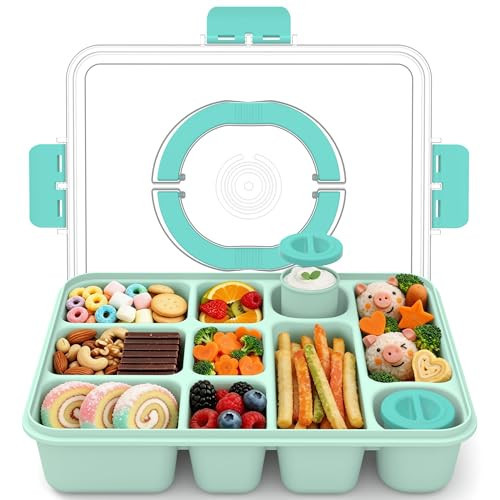 Snackle Box Container for Adults with 10 Compartment, Divided Serving Tray with Lid and Handle and 2 Sauce Containers, Portable Snack Box Container for Charcuterie Party Travel, Green | Amazon (US)