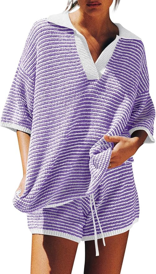 Tankaneo Womens Sweater Set 2 Piece Outfits Oversized 3/4 Sleeve V Neck Knit Tops High Waisted Sh... | Amazon (US)