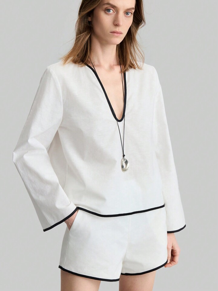 Ontre Women 2Pcs Set Casual Commuter Contrast Trim Long Sleeve Top And Shorts | SHEIN