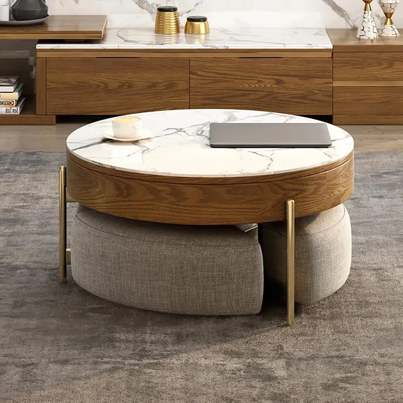 Espedita Modern Round Lift-Top Coffee Table Set with Storage & 3 Ottomans, Brown | Wayfair North America