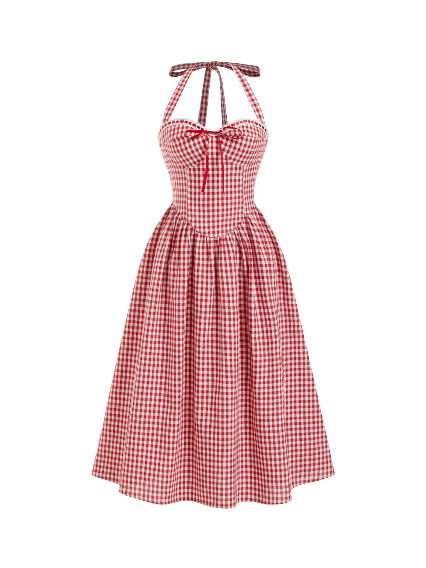corset Woven Cotton-blend Sculptural Gingham Halter Neckline Shirred A-line Maxi Dress For Daily ... | Cider