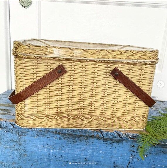 Vintage Tin Picnic Basket Yellow Brown Woven Wicker Design | Etsy | Etsy (US)