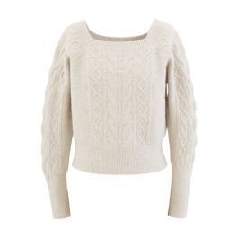 Cropped Square Neck Braid Knit Sweater in Ivory | Chicwish