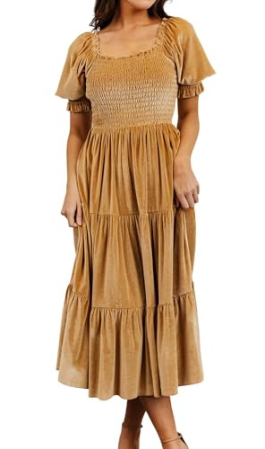 R.Vivimos Womens Fall Winter Velvet Dress Puff Sleeve Square Neck Smocked Tiered Ruffle A-Line Fl... | Amazon (US)