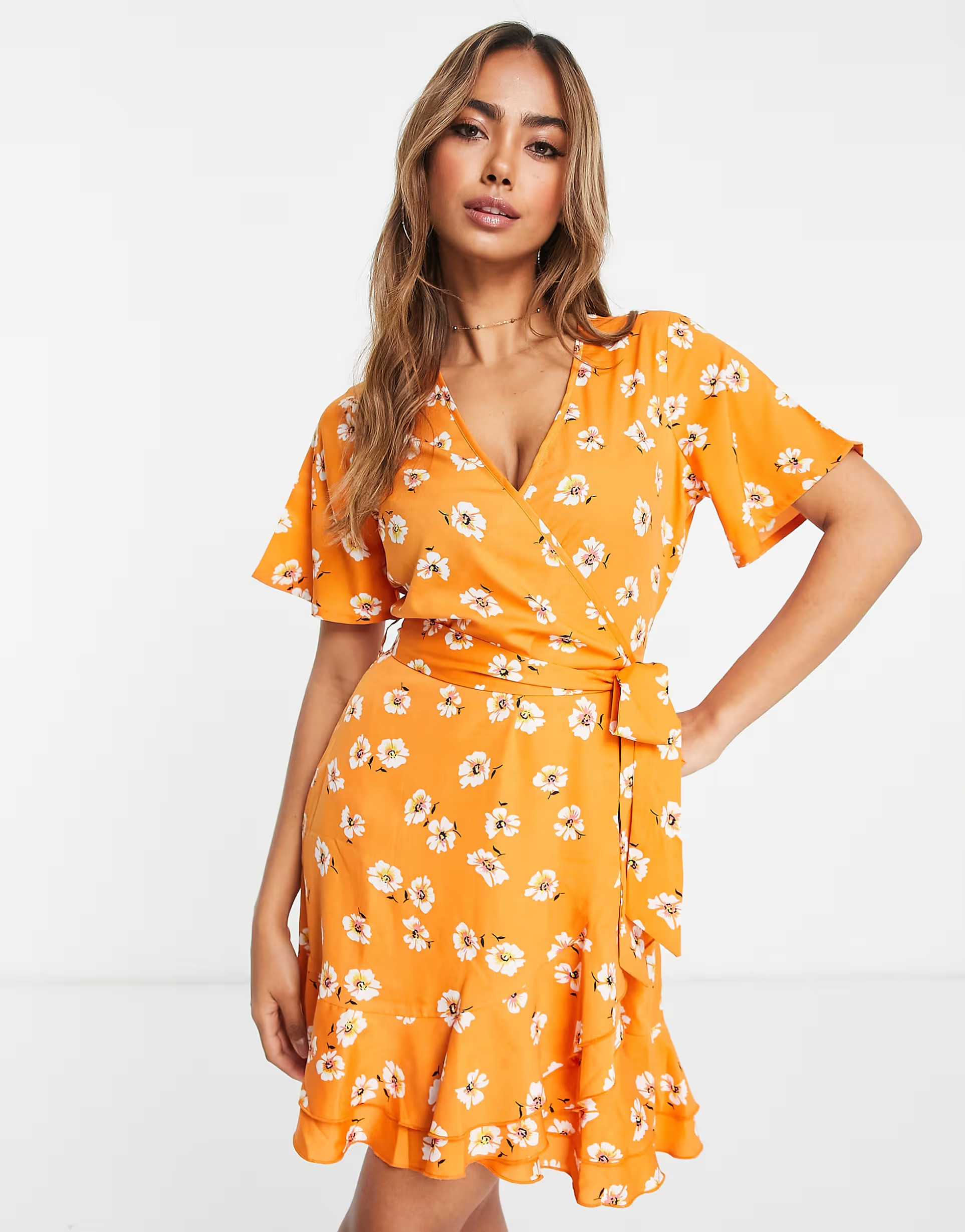 In The Style x Jac Jossa puff sleeve square neck midi tea dress in orange daisy print | ASOS | ASOS (Global)