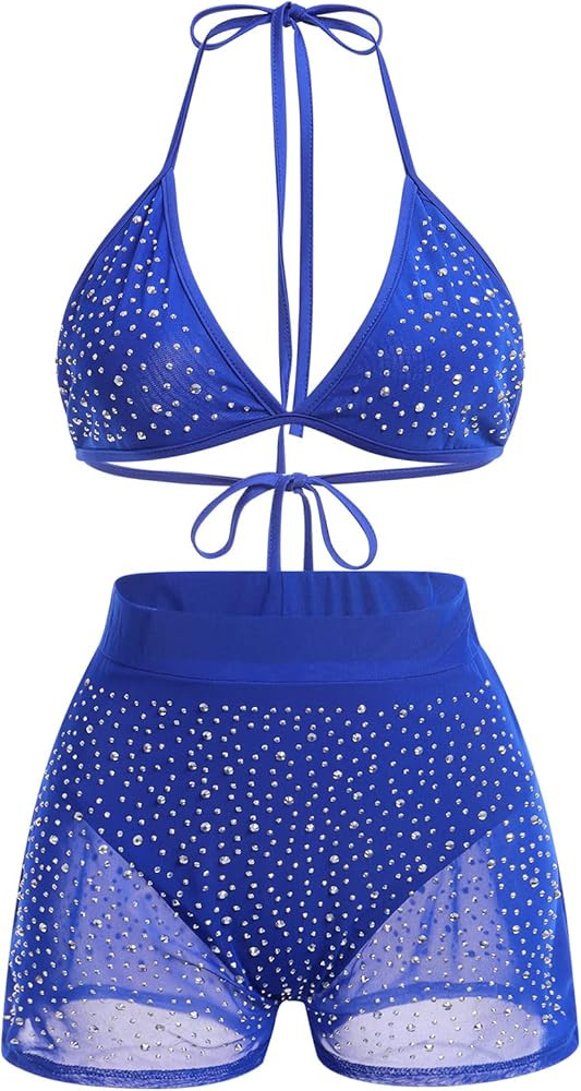 Women Sparkle Rhinestone Mesh Sheer Bikini Sets Halter Bra Top High Waist Shorts Bottom Swimsuits... | Amazon (US)