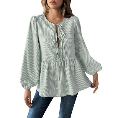Coolmee Women's Tie Front Striped Shirt Long Sleeve Trendy Cute Babydoll Tops Peplum Puff Sleeve Blouse Bean Green S | Target